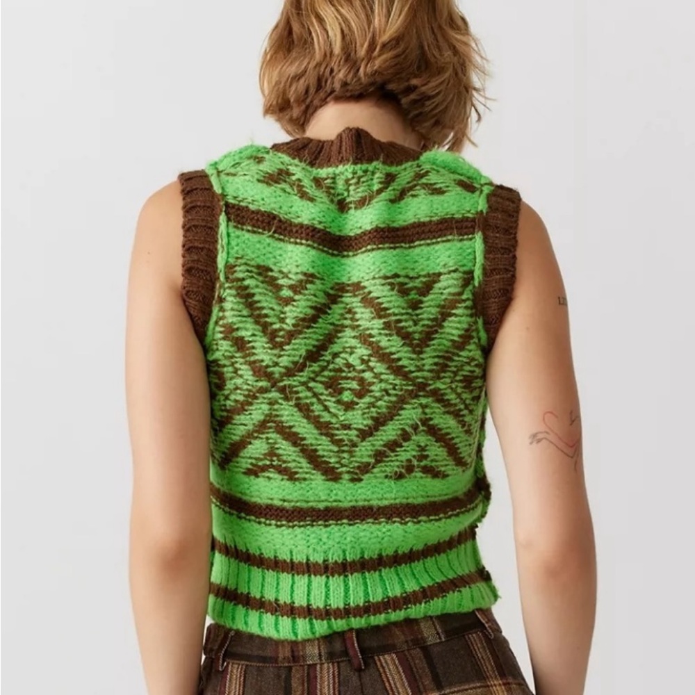 BDG JESSA SWEATER VEST GREEN & BROWN ADORABLE RETRO STYLE URBAN OUTFITTERS NWT - Picture 2 of 3